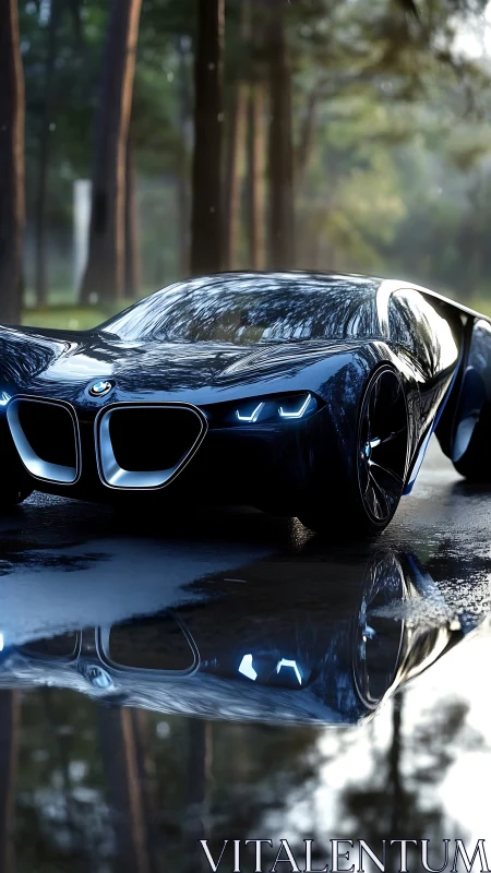 Futuristic BMW concept car parked on wet forest road