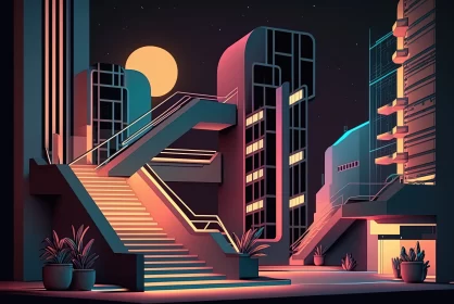 Luminous Ascension: A Futuristic Night Cityscape with Illuminated Stairs