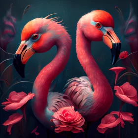 Two Bright Flamingos on a Dark Background Surrounded by Tropical Flowers