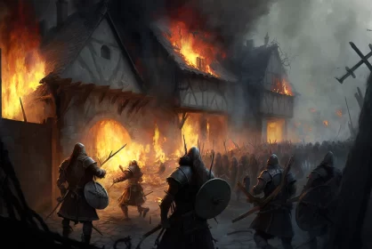 Inferno Unleashed: Medieval Warriors Attack, Engulfing a Village in Flames
