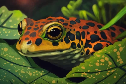 Vibrant Elegance: Close-Up of Fire Belly Toad on Lush Green Leaves