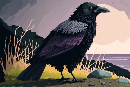 Majestic Raven: Sharp-Beaked Bird by the Lake on a Dark Sky Background