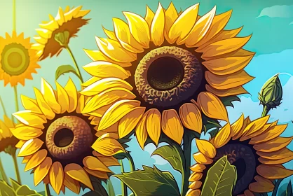 Burst of Sunshine: Close-Up Picture of Blooming Sunflowers in the Field