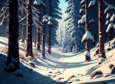 Winter's Serenity: Digital Illustration of a Snow-Covered Forest