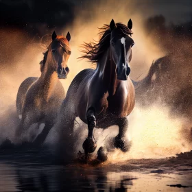 A Wild Herd Of Horses Galloping Across The Lake