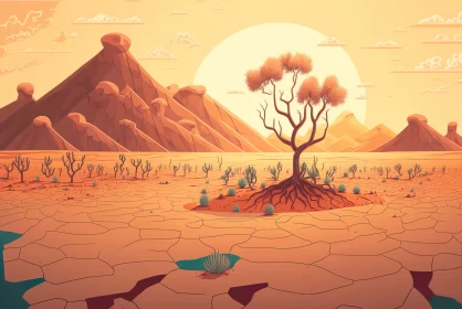 Majestic Desert Landscape: Rare Trees, Grasses, Hot Sun, and Mountains