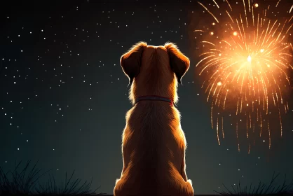Fireworks Spectacle: Dog Looking at Fireworks in the Night Sky