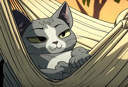 Lazy Feline Bliss: Adorable Grey Cat Lounging in a Hammock