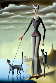 Mystical Cat Lady Walking Her Cats Along The River Shore