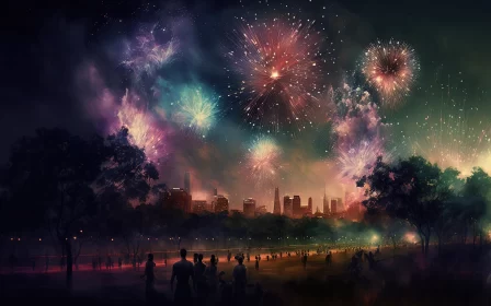 Sparkling Skyline: Fireworks Illuminating the City with Crowded Park in the Foreground