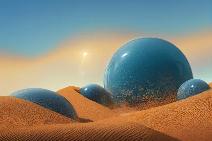 Desert Oasis: Landscape of Sand, Water, and Glossy Metallic Balls under a Clear Blue Sky
