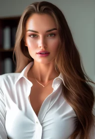 Beautiful Girl Secretary in White Blouse in Office Posing for a Hall of Fame