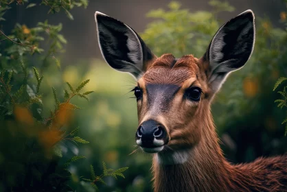 Majestic Elegance: Close-up of a Deer's Head Amidst Lush Greenery
