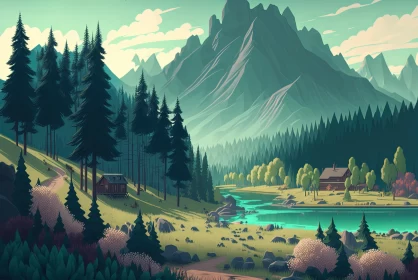 Whimsical Wonderland: Cartoon-like Illustration of Forest and Meadow Landscape