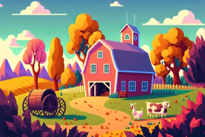 Whimsical Countryside Charm: Cartoon-like Farmhouse and Trees