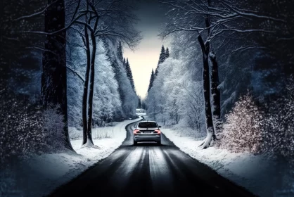 Winter Journey: Dark Winter Forest Travel with Car Driving on the Highway