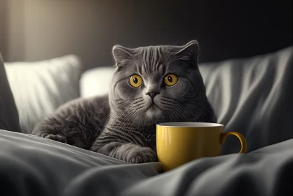 Cozy Mornings: Gray Scottish Fold Cat Relaxing with a Coffee Cup on the Bed