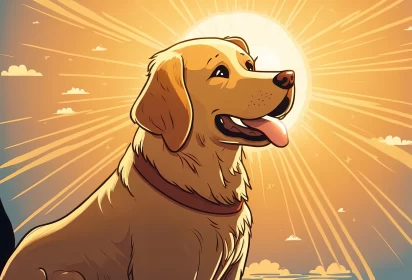 Radiant Canine Joy: Cartoon Cute Golden Retriever Basks in Sunlight