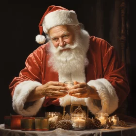Festive Santa Claus Arranging Candles on Wreath - Oil Portraiture