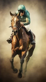 Vintage Sepia-Tone Digital Art of Energetic Jockey Riding Horse