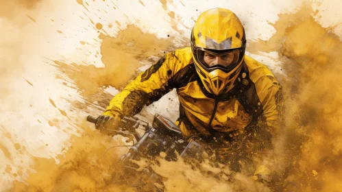 8K UHD Airbrushed Image of Man Riding Dirt Bike in Vivid Yellow Dust