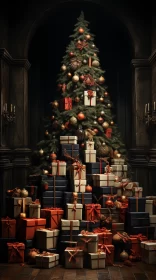 Christmas Tree with Gifts in a Dark Room: A Medieval-Inspired Artwork