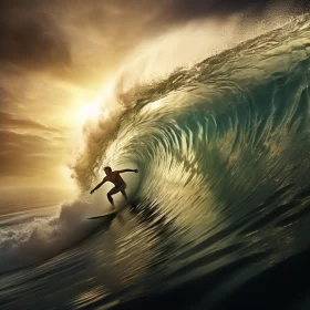 Breathtaking Sunset Surfing Scene - High-Detail Photorealistic Image of Surfer Riding Gigantic Wave 