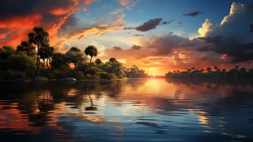Ethereal Sunset Over Tranquil Jungle Lake