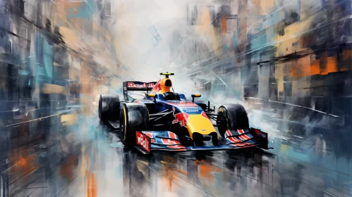 Dynamic Oil Painting of Red Bull F1 Racing Car in Motion  - AI Generated Images
