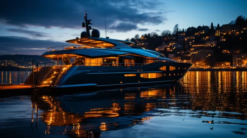 Luxurious Yacht Docked at Night with Swiss Design Backdrop