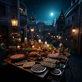 Urban Fairy Tale: A Medieval-Inspired Street Scene with Food Stands