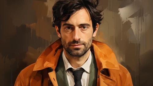 Digital Illustration of a Charming Man in a Dark Brown Coat - Realistic Oil Portrait Style