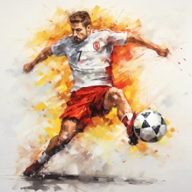 Intense Action Soccer Player Painting: Fusion of Amber, White, & Red Hues