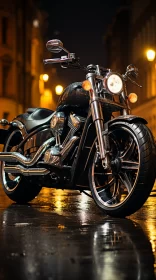 Solitary Motorcycle Reflecting City Lights on Wet Sidewalk
