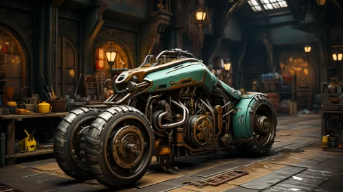 Celestialpunk Era Portrayal: Dark Gold & Turquoise Motorcycle in Brick Workshop