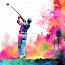 Abstract Colorful Spray-Paint of Golfer in Mid-Swing