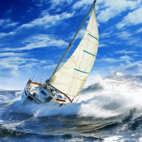 High-resolution Sailboat Battling the Waves, Sea and Sky Contrast
