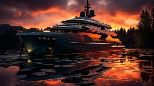 Luxurious Superyacht Anchored in Tranquil Lake at Sunset