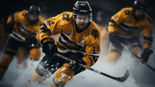 Intense Hockey Scene on Snowy Landscape with Surreal Manticore