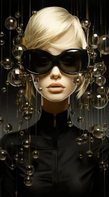 Glamorous Portrait of Blond Woman in Black Outfit and Sunglasses