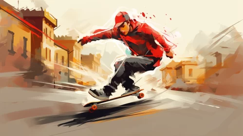 HD Skateboarder Illustration in Street Trick with Dominant Red and Amber Hues