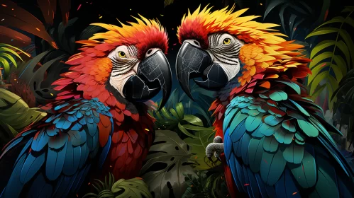 Vibrant and Detailed Macaws and Parrots in a Dark Dreamlike Paradise: A Captivating Blend of Nature,