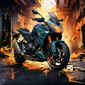 Fiery Urban Alleyway Scene with Dark Cyan Motorbike Illustration