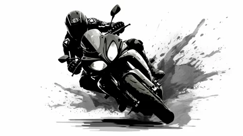 High-Resolution Monochrome Motorcycle Rider Image, Digital Illustration Blended with Ink Wash