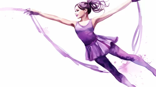 Figure Skater Girl Watercolor Illustration with Flowing Ribbon and Purple Dress