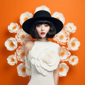 Asian-Inspired Fashion Model with Paper Flowers - Monochromatic Art