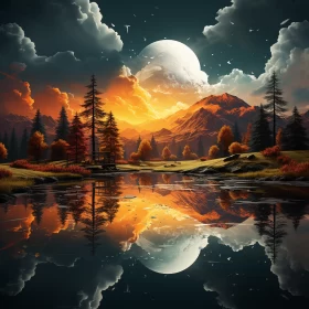Ethereal Night Scene with Moonlit Lake and Mountain Wilderness