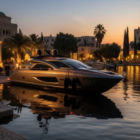 Luxurious Yacht at Harbor with Middle Eastern Design Influences at Sunset