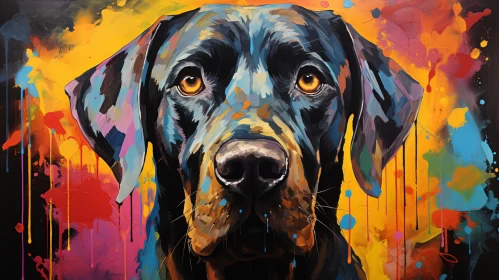 Psychedelic Black Labrador in Oil Painting with Dark Yellow and Light Blue Background