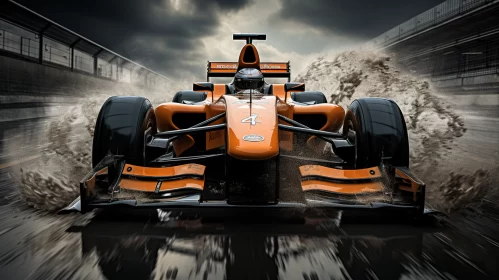 Dynamic Orange Race Car on Rainy Track with Bold Facial Emotion  - AI Generated Images